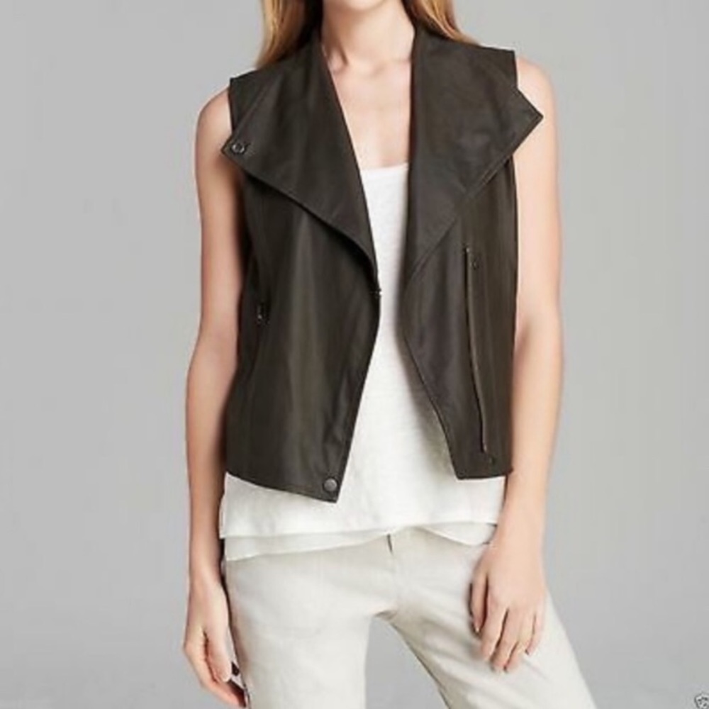 VINCE Leather Military Moto Vest Olive Green Size Small 100% Lambskin Classic